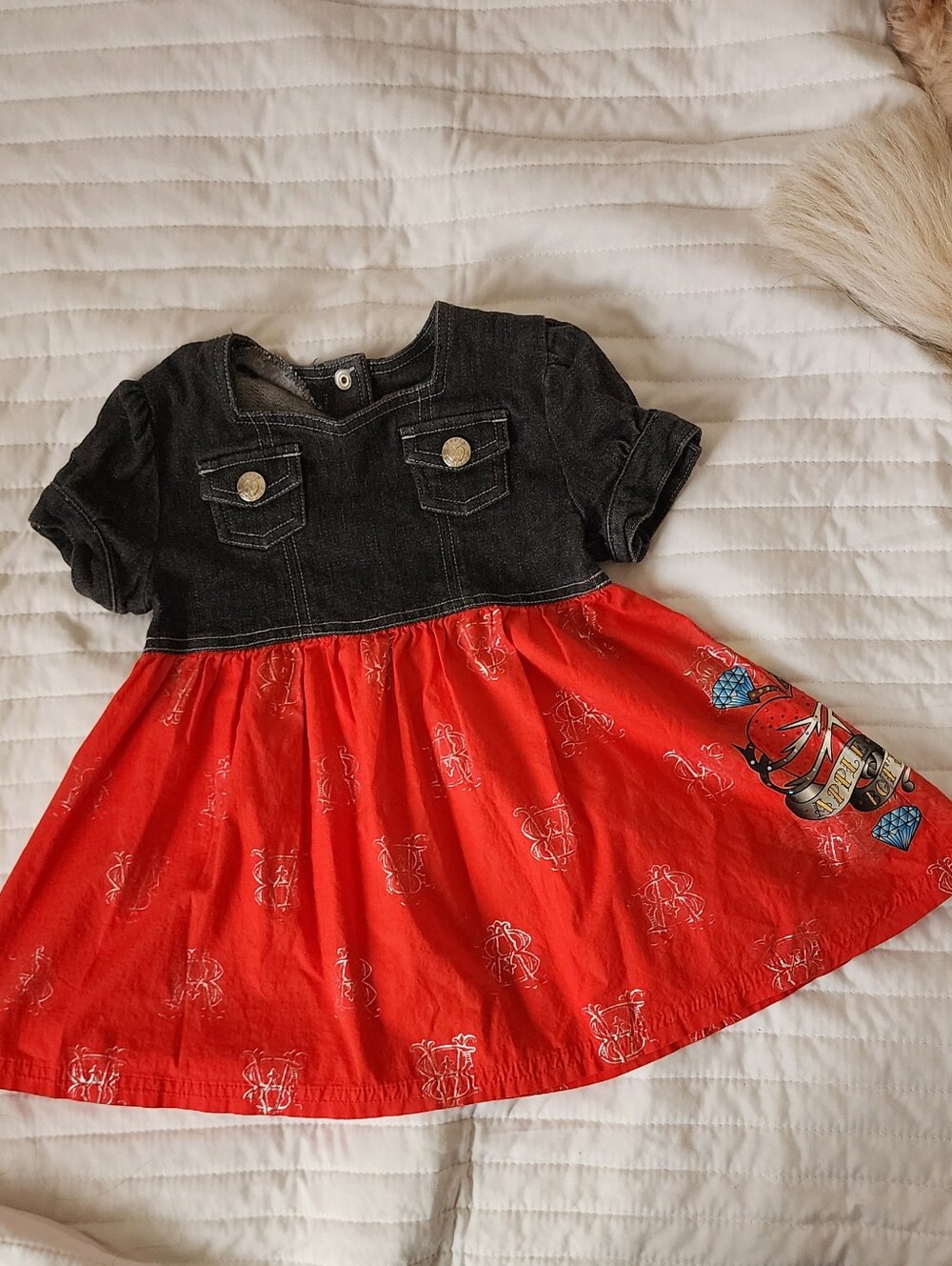 VTG Apple Bottoms Toddler Dress 3T Denim Red Y2K Tattoo Rhinestone Graphic